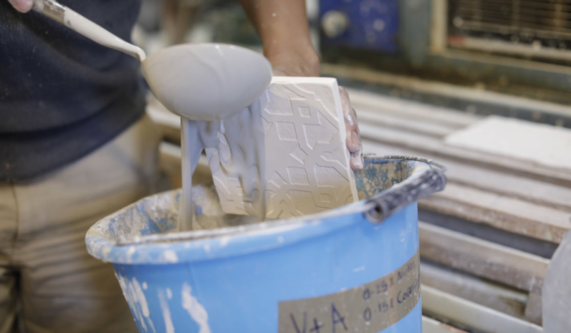 Rich Miller making tiles. Photo Layton Thompson for Ceramic Review